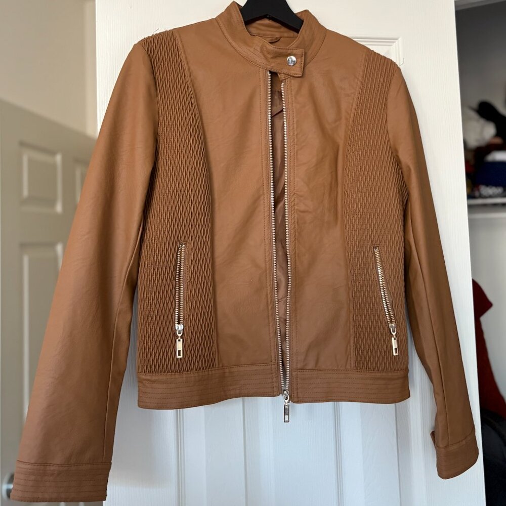 Brown Faux Leather Jacket | Size S (Fits Like a Medium) | Zip Front